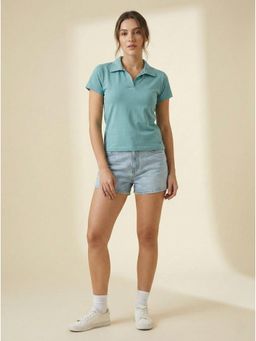WINEBERRY - Blue Women Basic Collar Half Sleeve Polo T-shirt