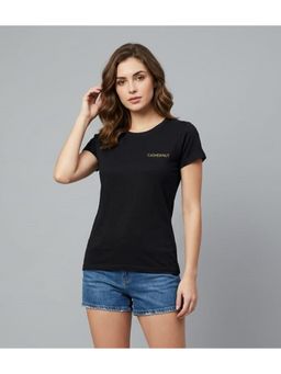 WINEBERRY - Black Women Solid Round Neck Half Sleeve T-shirt