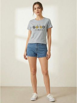WINEBERRY - Grey Women Printed Round Neck Half Sleeve T-shirt