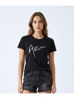 WINEBERRY - Black Women Printed Round Neck Half Sleeve T-shirt
