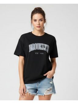 WINEBERRY - Black Women Printed Round Neck Half Sleeve Cotton T-shirt