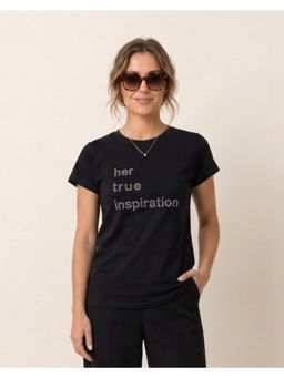 WINEBERRY - Black Women Printed Round Neck Half Sleeve T-shirt