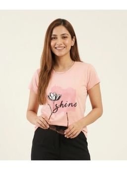 WINEBERRY - Peach Women Printed Round Neck Half Sleeve T-shirt