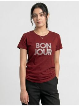WINEBERRY - Maroon Women Printed Round Neck Half Sleeve T-shirt