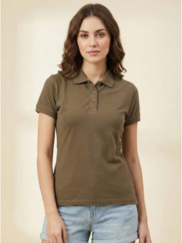 WINEBERRY - Brown Women Basic Collar Half Sleeve Polo T-shirt