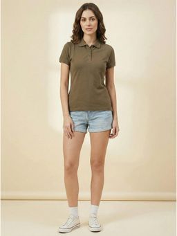 WINEBERRY - Olive Women Basic Collar Half Sleeve Polo T-shirt