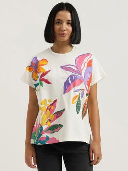 United Colors of Benetton - White Round Neck Floral Print Placement T-Shirt