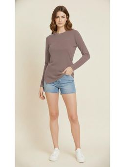 WINEBERRY - Mauve Women Baisc Solid Round Neck Full Sleeve T-shirt