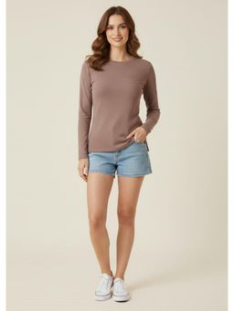 WINEBERRY - Brown Women Baisc Solid Round Neck Full Sleeve T-shirt
