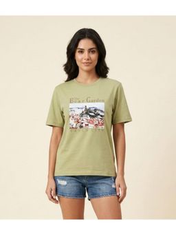 WINEBERRY - Green Women Printed Round Neck Half Sleeve T-shirt