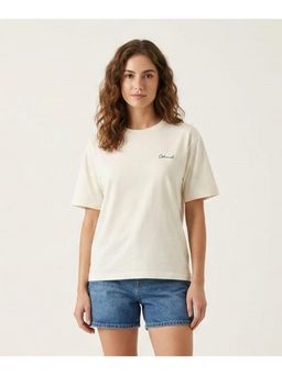 WINEBERRY - Cream Women Solid Round Neck Half Sleeve Cotton T-shirt