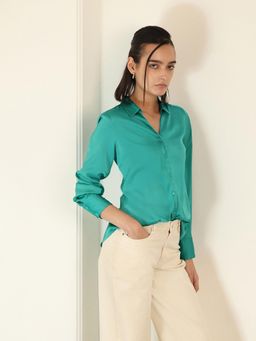 FABLE STREET - Turquoise Satin Relaxed Fit Full Sleeve Spread Collar Shirt