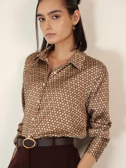 FABLE STREET - Beige Satin Abstract Comfort Fit Full Sleeve Shirt