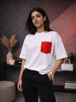 The Fit Theory - Women Red Pocket Oversized T-shirt- White