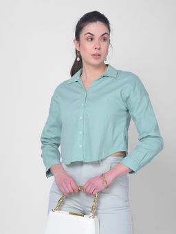 CRIMSOUNE CLUB - Women Green Linen Crop Shirt