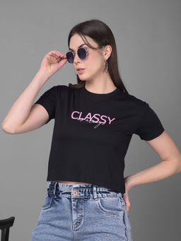 CRIMSOUNE CLUB - Women Black Typography Printed T-Shirt