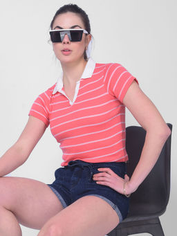CRIMSOUNE CLUB - Women Red Striped Crop Length Polo T-shirt