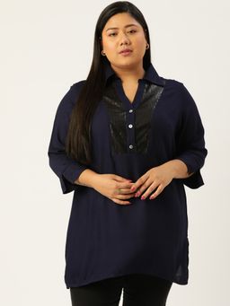 theRebelinme - Plus Size Women Navy Blue Color Shirt Collar Longline Top