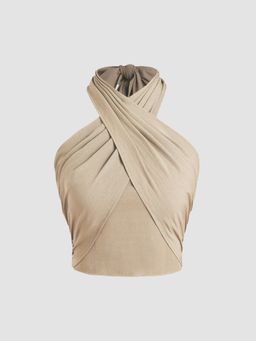 Cider - Cross Halter Shirred Back Crop Top