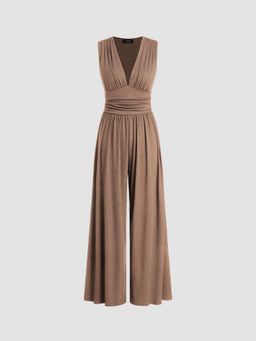 Cider - Brown V-Neck Ruched Solid Wide Leg Jumpsuit