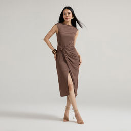 Twenty Dresses by Nykaa Fashion - Brown Round Neck Textured Side Wrap Midi Dress