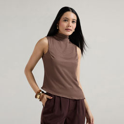 Twenty Dresses by Nykaa Fashion - Brown Asymmetrical Turtle Neck Sleeveless Top
