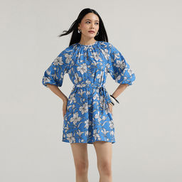 Twenty Dresses by Nykaa Fashion - Blue Round Neck Puffed Sleeves Mini Dress With Belt