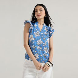 Twenty Dresses by Nykaa Fashion - Blue V Neck Floral Printed Ruffled Sleeves Top