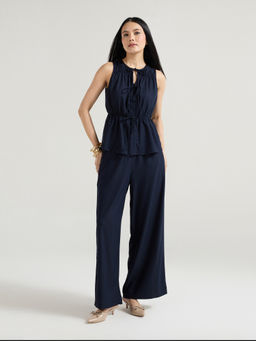 Twenty Dresses by Nykaa Fashion - Blue Tie Up Cinched Top and High Waist Pants Co Ord Set