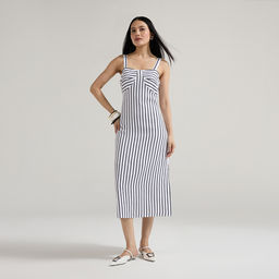 Twenty Dresses by Nykaa Fashion - White Strappy Fit And Flare Striped Midi Dress