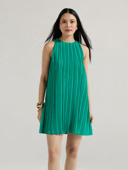 Twenty Dresses by Nykaa Fashion - Green A Line Pleated Sleeveless Mini Dress