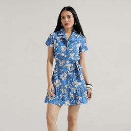 Twenty Dresses by Nykaa Fashion - Blue Floral Notched Lapel Mini Dress With Belt