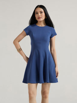 Twenty Dresses by Nykaa Fashion - Navy Blue Round Neck Cap Sleeves Fit And Flare Mini Dress