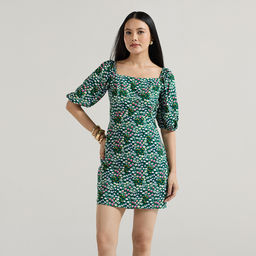 Twenty Dresses by Nykaa Fashion - Green Square Neck Puff Sleeves Mini Dress