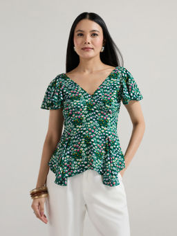 Twenty Dresses by Nykaa Fashion - Green Floral Ruffle Sleeves Flowy Hem Top