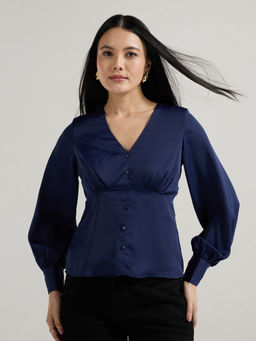 Twenty Dresses by Nykaa Fashion - Navy Blue V Neck Cuffed Sleeves Satin Top