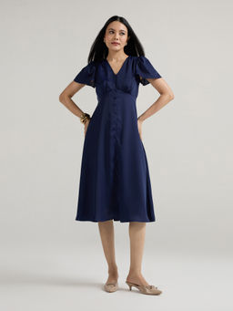 Twenty Dresses by Nykaa Fashion - Navy Blue Satin V Neck Flared Hem Midi Dress
