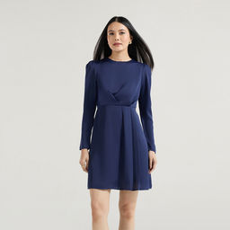 Twenty Dresses by Nykaa Fashion - Navy Blue Satin Round Neck Full Sleeves Mini Dress