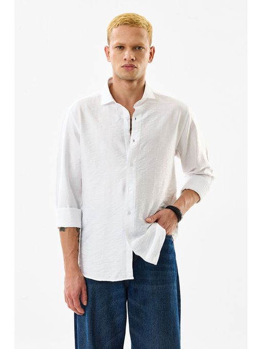Snitch White Textured Full Sleeves Slim Casual Shirt for Men