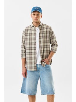 Snitch - Beige Plaid Full Sleeves Slim Casual Shirt for Men