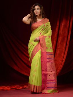 CHARUKRITI - Lime Green Muslin Handwoven Ethnic Motifs and Zari Designs Saree with Unstitched Blouse