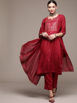 Anubhutee - Women Maroon Mirrorwork Embroidered Kurta and Pant with Dupatta (Set of 3)