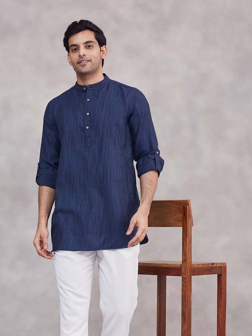 Fabindia Blue Woven Slim Fit Short Kurta