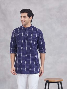 Fabindia - Navy Cotton Ikat Slim Fit Short Kurta