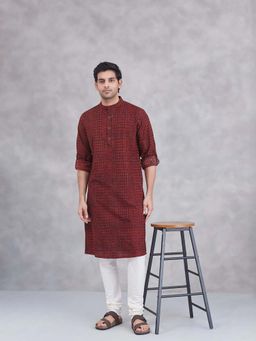Fabindia - Maroon Cotton Printed Slim Fit Long Kurta