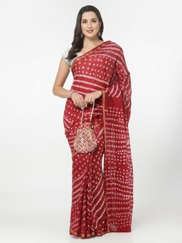 KISHORI - Silk Bandhani and Zari Weaving Saree with Unstitched Blouse - Maroon & White