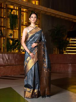 Beatitude - Grey Gold-Toned Ethnic Motifs Zari Tussar Saree with Unstitched Blouse