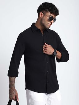 R&B - Men Black Cotton Textured Shirt