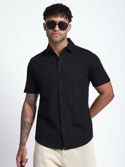 R&B - Men Black Cotton Blend Textured Shirt