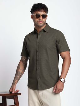 R&B - Men Olive Cotton Blend Textured Shirt